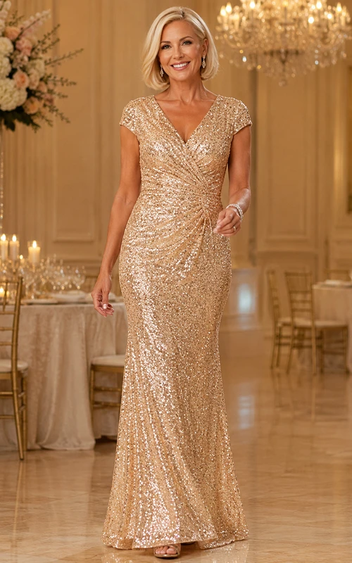 Vestido de lujo elegante para madres, largo hasta el suelo, con escote en V, lentejuelas y mangas cortas, color dorado champán brillante.