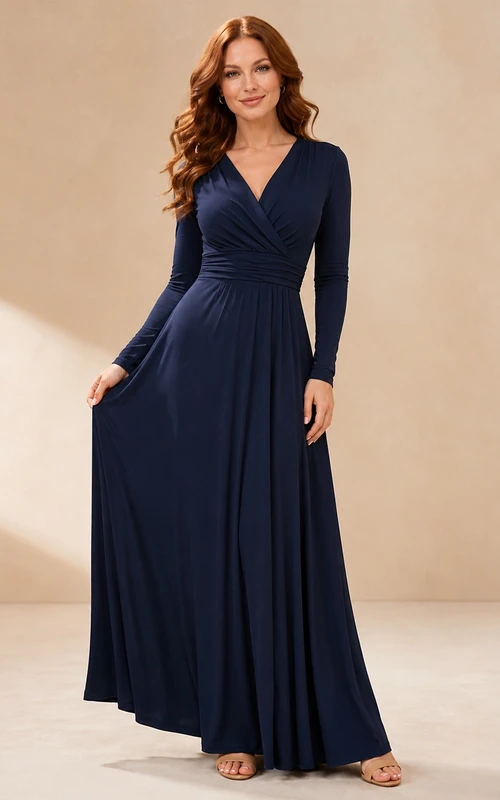 Midnight V Neck Long Sleeve Jersey A-Line Maxi Modest Evening Guest Dress