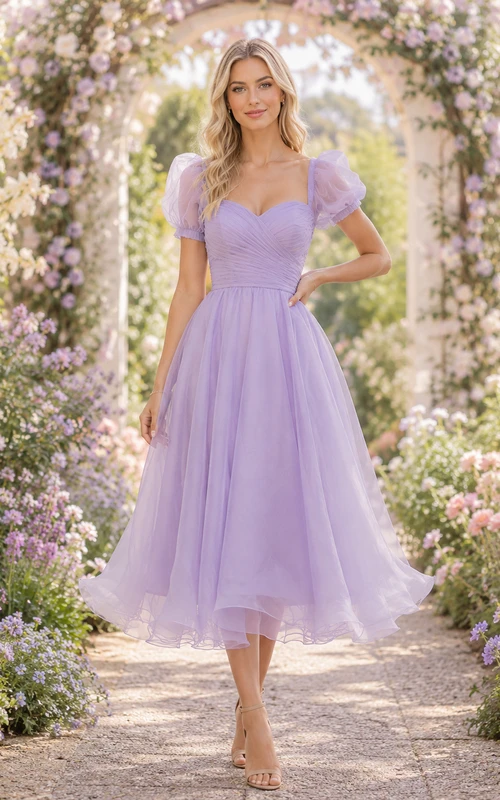 Robe midi trapèze à manches bouffantes et décolleté cœur en organza lavande