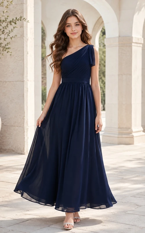 Dunkelblaues Brautjungfernkleid für junge Mädchen, A-Linie, One-Shoulder, ärmellos, elegant