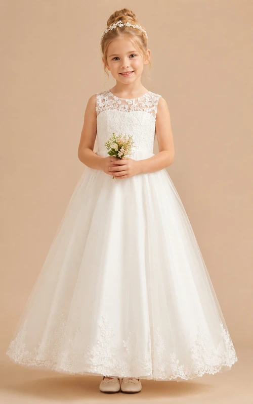 Elfenbeinfarbenes A-Linien-Spitzenkleid für Blumenmädchen