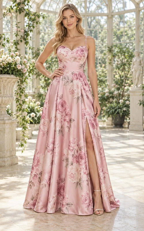 Vestido de dama de honor de satén rosa rubor con estampado floral, escote corazón, tirantes finos, abertura lateral y corte en A, largo hasta el suelo.