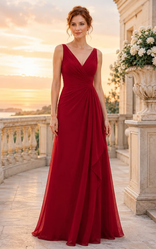 Evening Gown Red Chiffon A-Line V-Neck Sleeveless Sweep Train