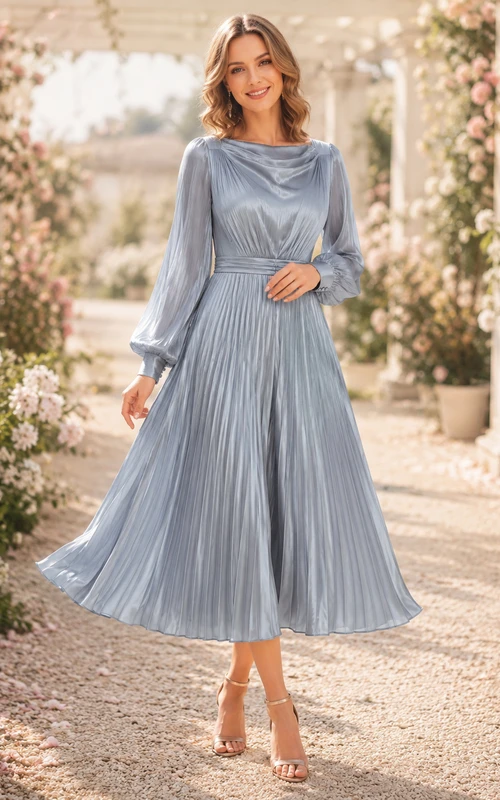 Vestido largo de invitada azul acero con cuello drapeado y mangas plisadas estilo barco.