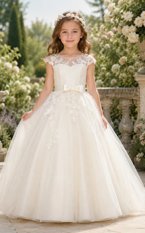 Vestido de gala de tul con mangas cortas y encaje floral, largo hasta el suelo, con lazo, para niña de las flores, ideal para bodas en el jardín.