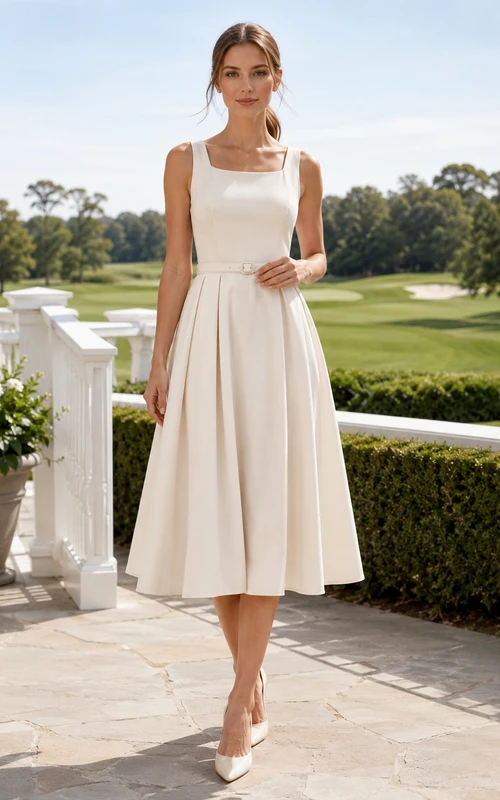 Cremefarbenes, tailliertes A-Linien-Midikleid im Country-Club-Stil mit eckigem Ausschnitt