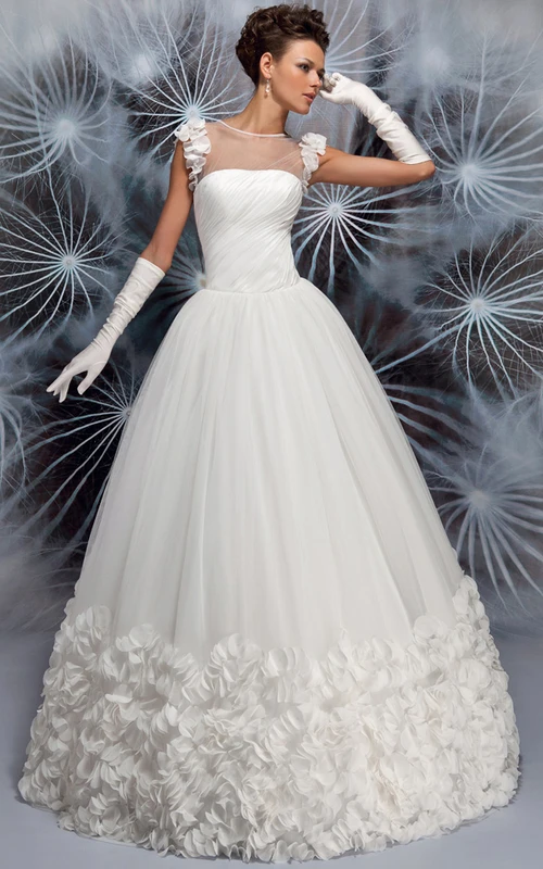 High Neck Maxi Bowed Ruched Tulle Wedding Dress With Flower And Corset Back