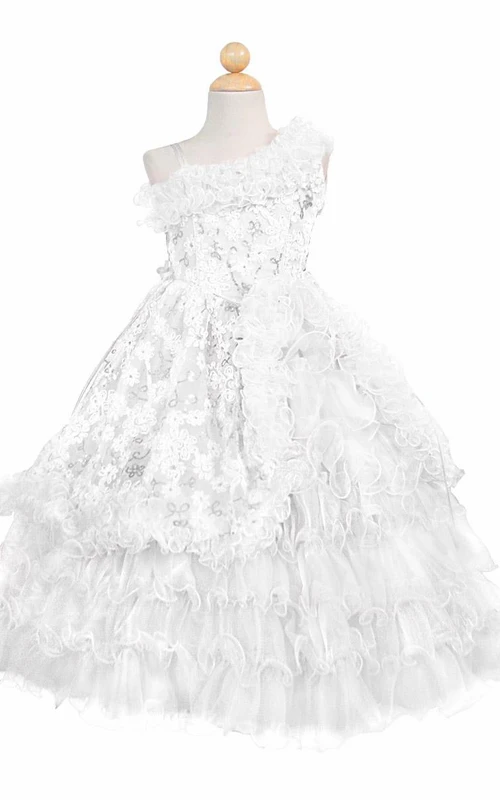 Rüschenkleid aus Spitze und Pailletten in Knöchellänge mit Stickerei für Blumenmädchen