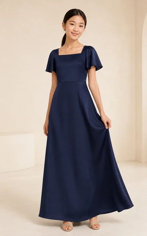 Minimalistisches dunkelblaues, kurzärmeliges, bodenlanges Satin-Brautjungfernkleid in A-Linie mit quadratischem Schnitt