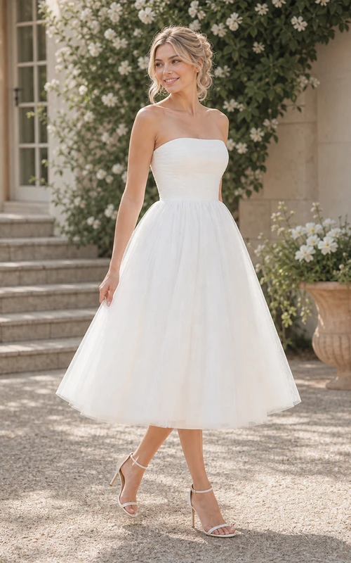 Teelanges, trägerloses A-Linien-Kleid mit Raffungen, schlichtes Strandkleid, lässiges Hochzeitskleid