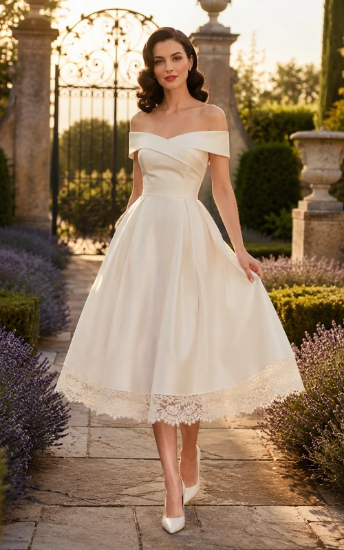 Robe de mariée vintage en satin, épaules dénudées, longueur thé, style champêtre, classique