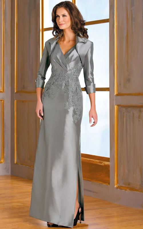 Ärmelloses Satin-Kleid mit V-Ausschnitt, Applikationen und Jäckchen im Brautmutterstil