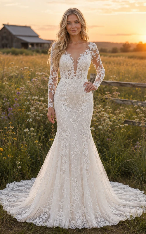 Vestido de novia de encaje campestre, estilo sirena, con escote en V, manga larga y cola de capilla.