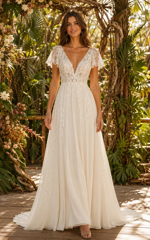 Robe de mariée trapèze en mousseline à manches papillon et décolleté en V profond, style jungle, pour un mariage de destination.