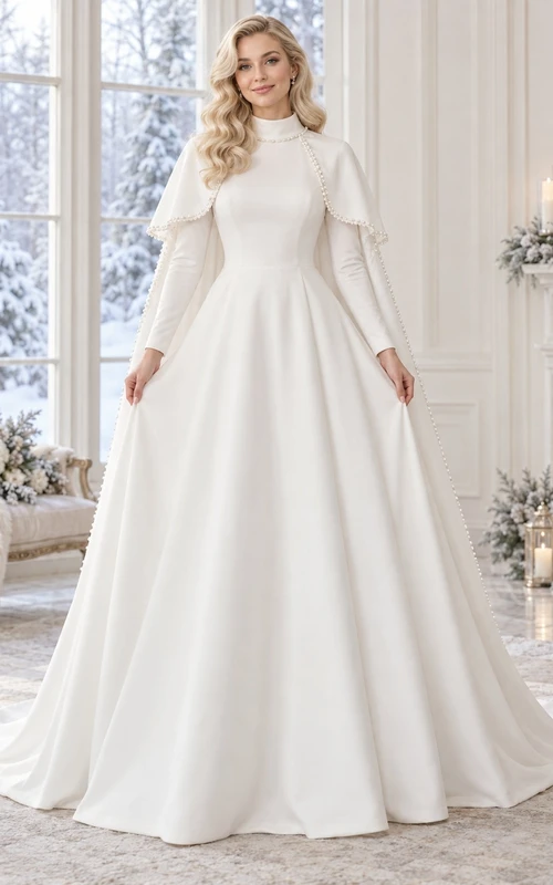 Vestido de novia de corte A con capa corta de perlas, cuello alto y manga larga, estilo modesto, ideal para invierno.
