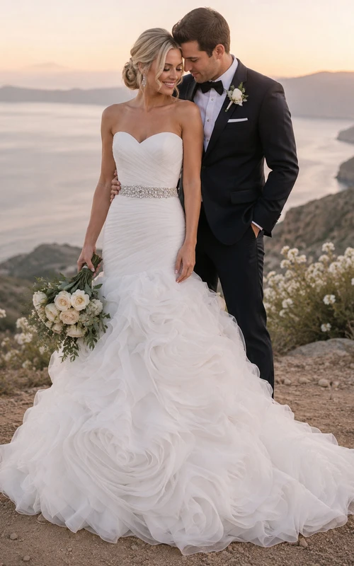 Robe sirène en organza à décolleté cœur, volants et taille perlée