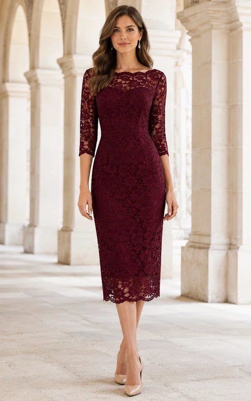 Burgundy Scalloped Bateau Three-Quarter Lace Sleeve Sheath Midi Guest Dress