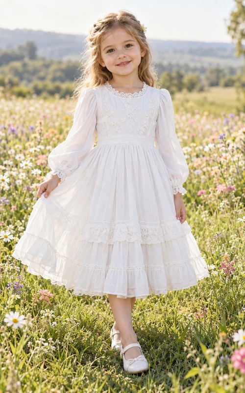 Viktorianisches weißes Blumenmädchenkleid mit Rundhalsausschnitt, langen Ärmeln und Stufenrock