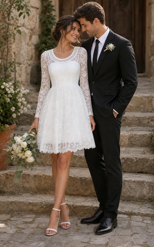 Vestido de novia clásico de playa hasta la rodilla con mangas largas, encaje y pedrería.
