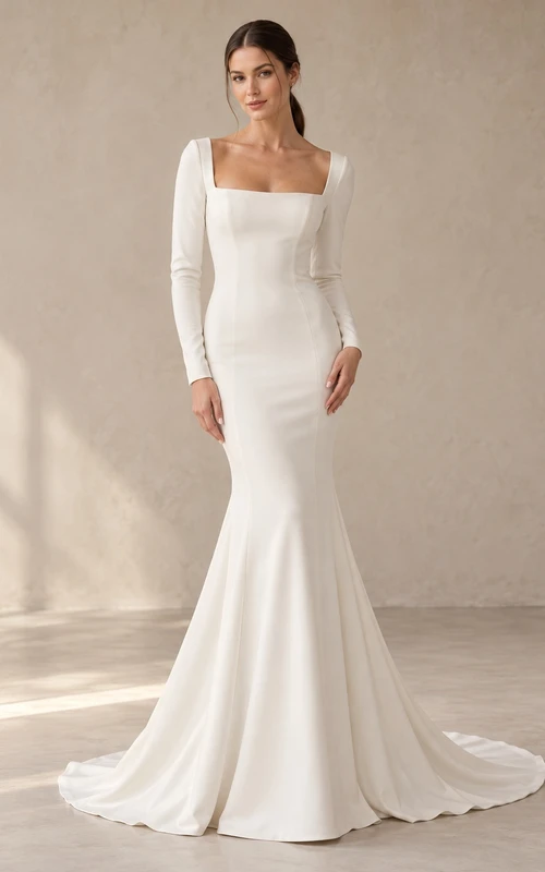 Simple Square Neck Long Sleeve Smooth Mermaid Wedding Dress