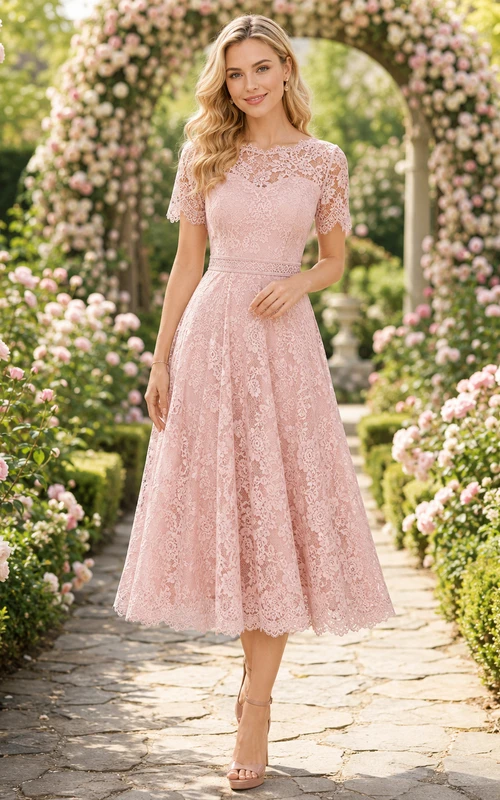 Blush Lace Short Sleeve Garden Wedding Guest Dress