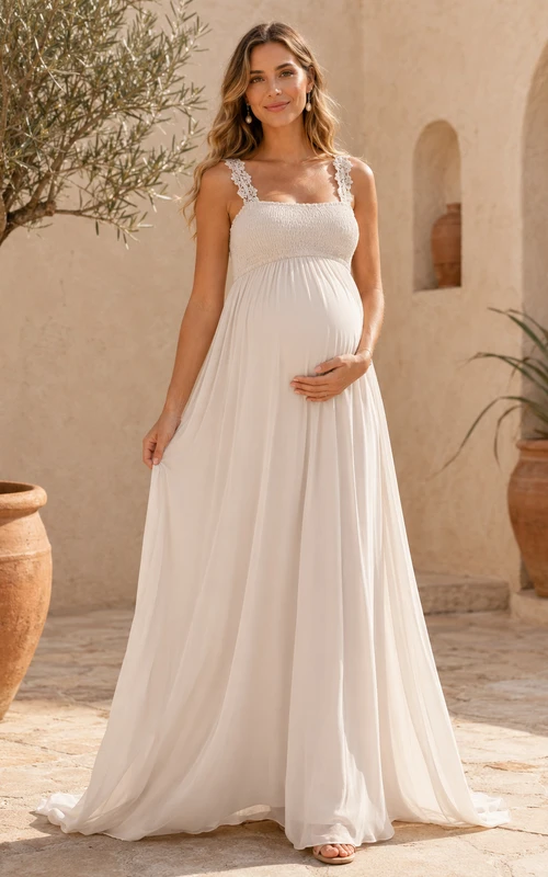 Robe de mariée de maternité en mousseline à bretelles en dentelle et col carré, style empire, avec bretelles fines et col carré