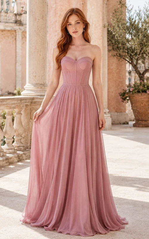 Abendkleid aus altrosafarbenem Chiffon, A-Linie, trägerlos, bodenlang