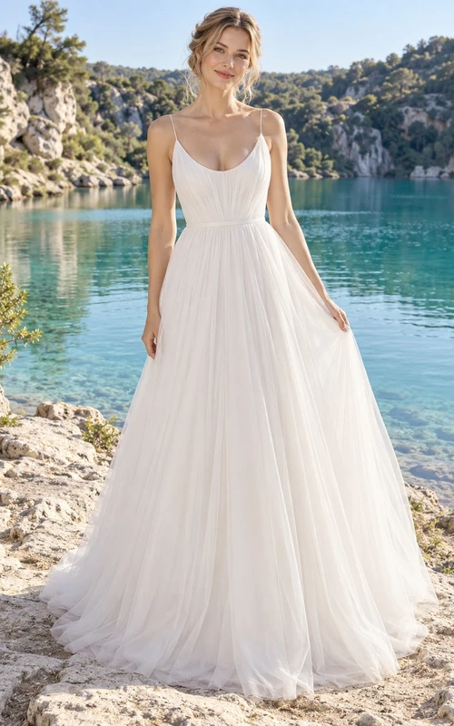 Sencillo vestido de novia romántico de tul, corte en A, escote en V, tirantes finos, largo hasta el suelo y cola corta.
