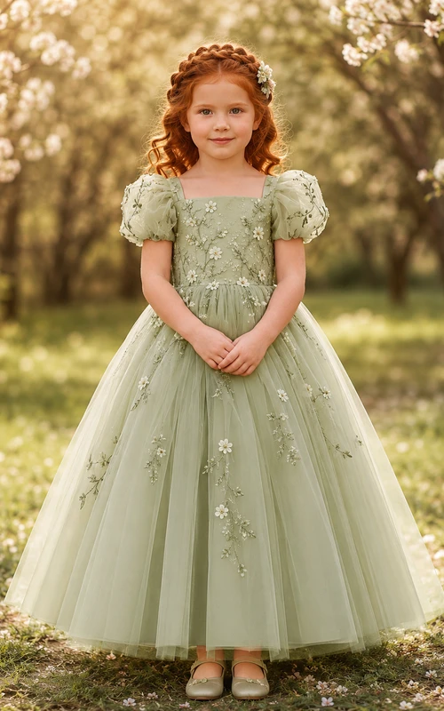 Blumenmädchenkleid aus salbeifarbenem Tüll in A-Linie mit Puffärmeln und Rundhalsausschnitt, wadenlang