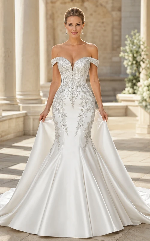 Silbernes, drapiertes Meerjungfrauen-/Trompeten-Brautkleid mit schulterfreiem, kurzem Ärmel und bodenlangem Schleppenausschnitt – modernes Kleid