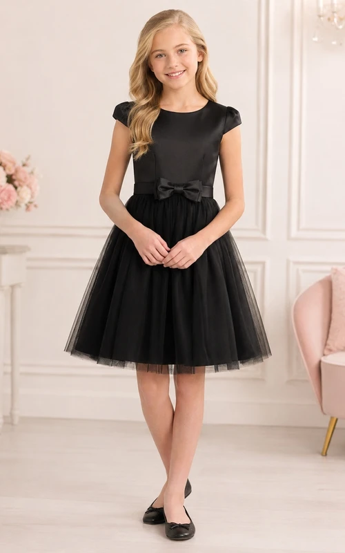 Black Short Cap Sleeve Satin Tulle A-Line Bow Flowergirl Dress
