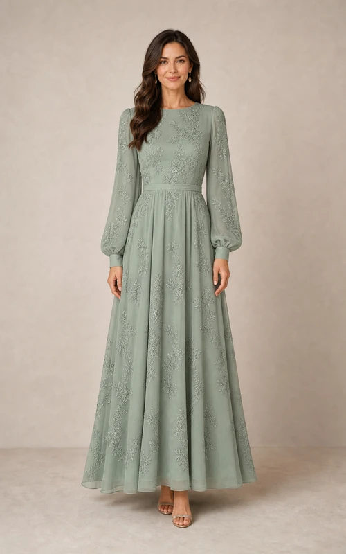 Robe trapèze longue en dentelle ton sur ton à manches longues couleur sauge