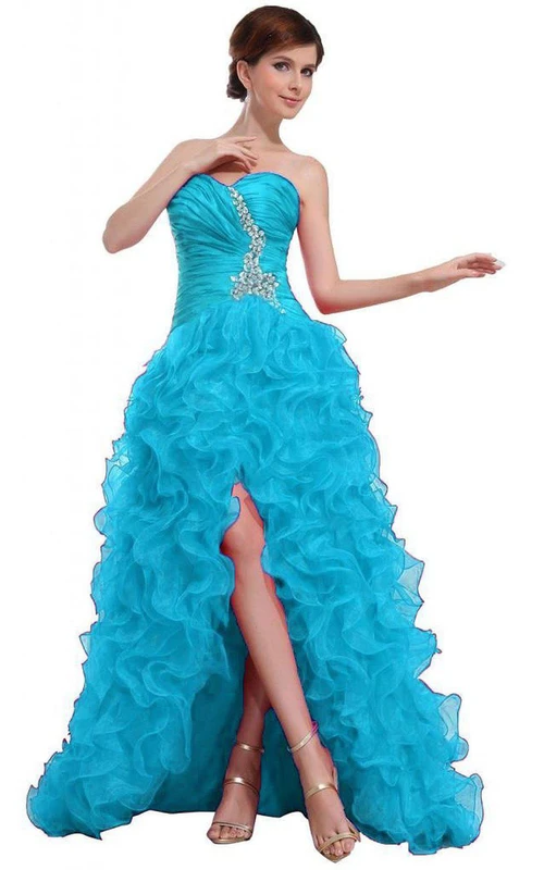A-Linien-Abendkleid mit Herzausschnitt und asymmetrischem Saum sowie Rüschen