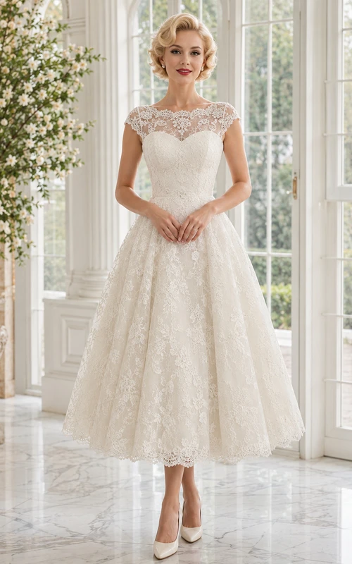 1950s Vintage Jewel Neck Cap Lace Sleeve A-Line Tea-Length Wedding Dress
