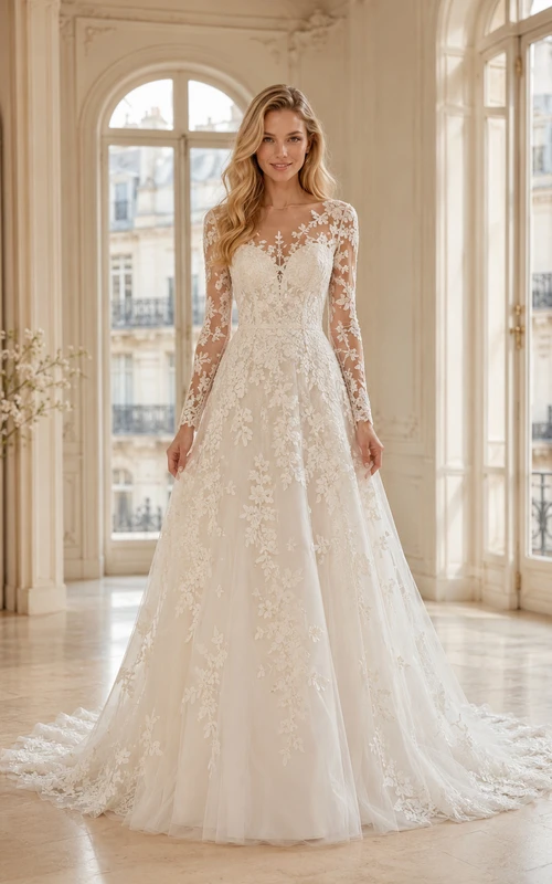Robe de mariée Gallery Bridal impeccable en dentelle et tulle illusion, col montant, manches longues transparentes, coupe trapèze, traîne chapelle, ornée d'appliqués floraux.