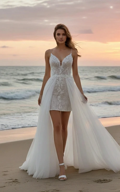Robe de mariée de plage en dentelle spaghetti avec jupe amovible