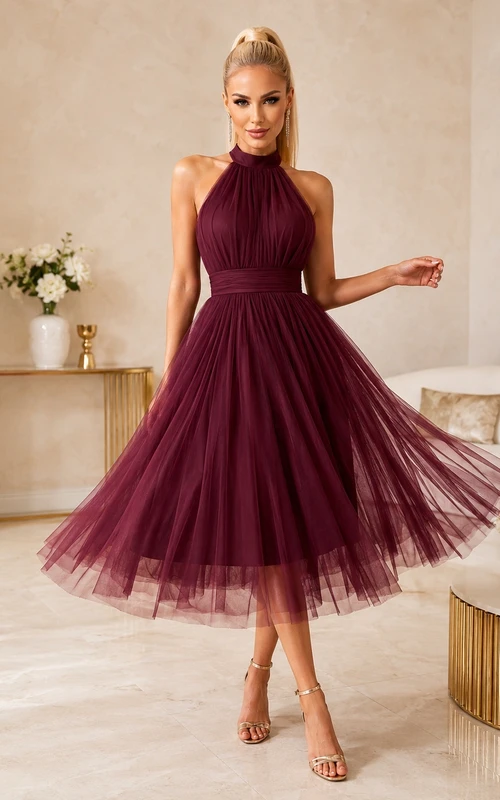 Burgundy Halter High Neck Pleated Tea-Length A-Line Elegant Bridesmaid Dress