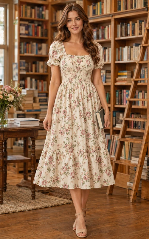 Cream floral square neck puff sleeve bookstore midi dress