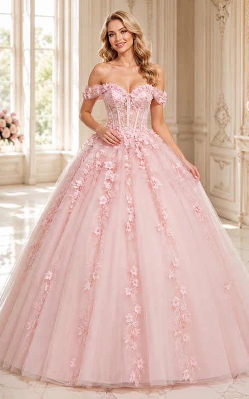 Blushing Pink Luxury Off Shoulder Floral Applique Tulle Princess Sweet Sixteen Ball Gown