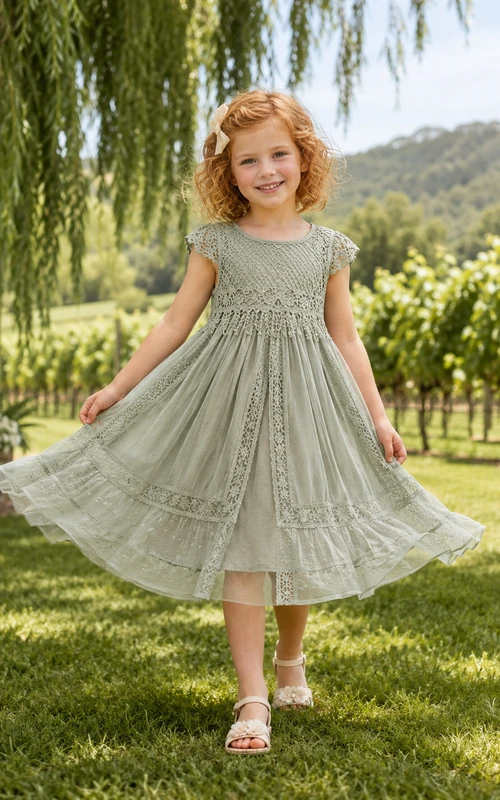A-Line Flowergirl Crochet Lace Chiffon Tea-Length Flutter Sleeve Bohemian Wedding Dress with Tiered Skirt