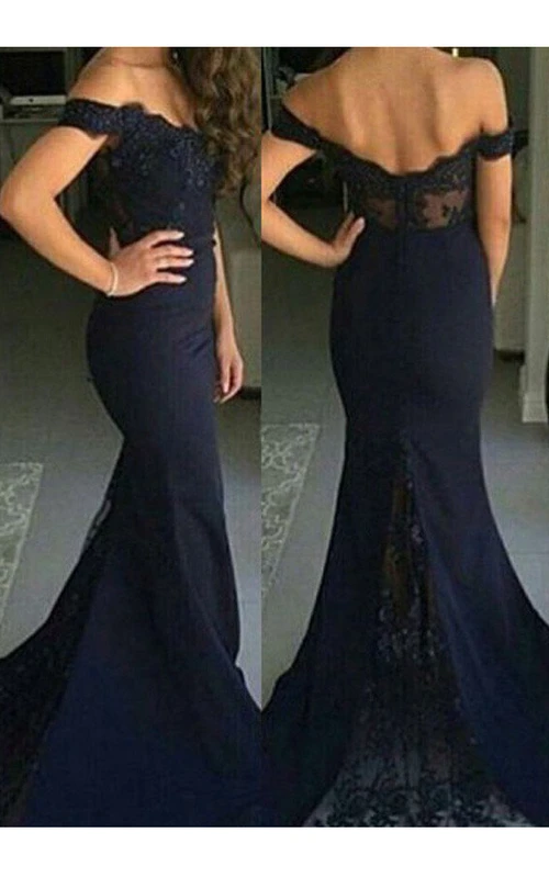 Robe sirène trompette en satin et dentelle, épaules dénudées, manches courtes, fermeture éclair et dos nu en V