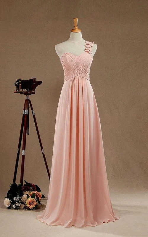 Langes Chiffonkleid mit One-Shoulder-Kleid, gerafftem Oberteil in A-Linie und Faltenrock