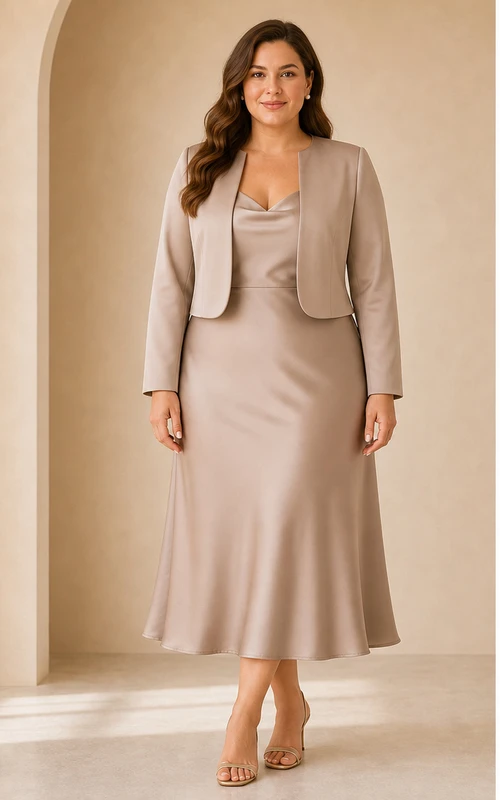 Plus Size Champagne Satin Cowl Dress with Bolero Jacket