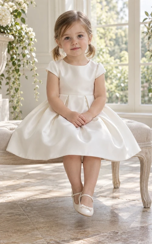 Modest Ivory Knee Length Cap Sleeve Pointed Rose Bow Pleated Satin Flower Girl Dress