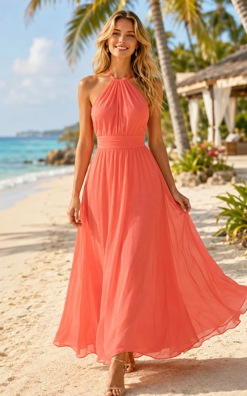 Coral Halter Tie Neck Pleated Tropical Vacation Maxi Dress
