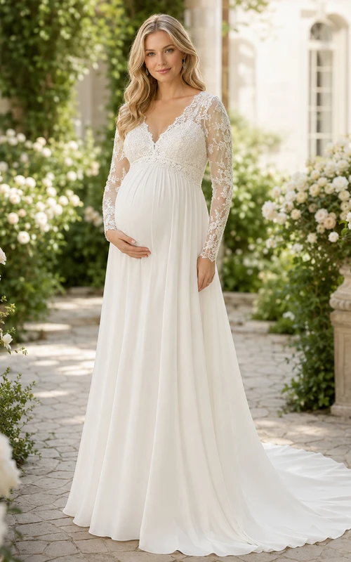 Maternity Wedding Dress Long Sleeve Lace Bodice Chiffon A-Line Gown with Keyhole Back