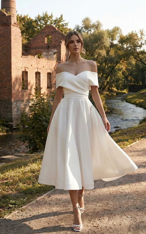 Schulterfreies, teelanges Brautkleid aus Satin