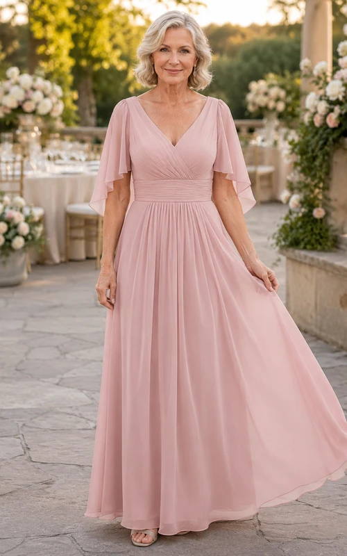 Blush V neck flutter sleeve pleated chiffon grandmother gown
