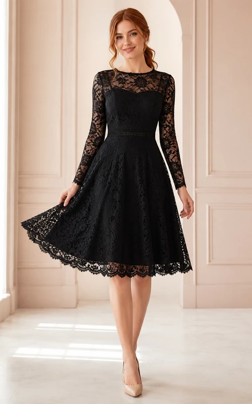 Black Vintage Lace Bateau Long Sleeve Tea-Length A-Line Cocktail Dress