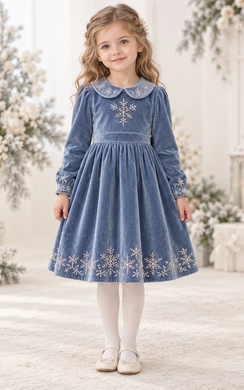 Langärmeliges, teelanges, blaues Samtkleid mit Schneeflockenkragen für Blumenmädchen